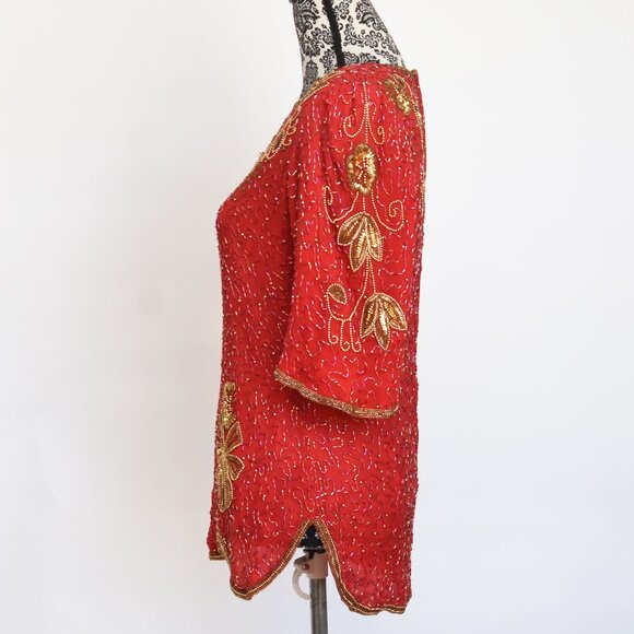 Vintage 80's Red and Gold Beaded Silk Top w/Shoulder Pads Size 12 - Picture 3 of 16